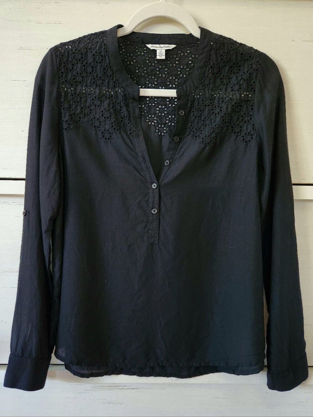 American Eagle Outfitters Black Eyelet Bib Blouse Boho Top Sz Small